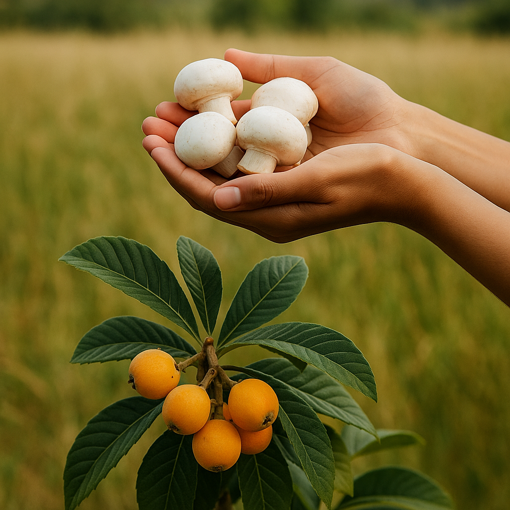 Hands gently holding white mushrooms above a field, with a vibrant loquat tree branch below — representing faith in God’s provision beyond material lack.