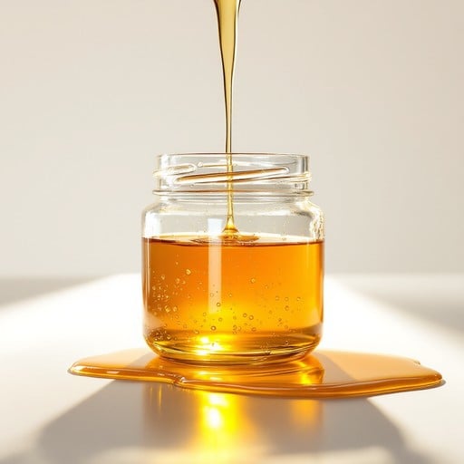 Golden honey pouring smoothly into a glass jar, glowing in warm light.
