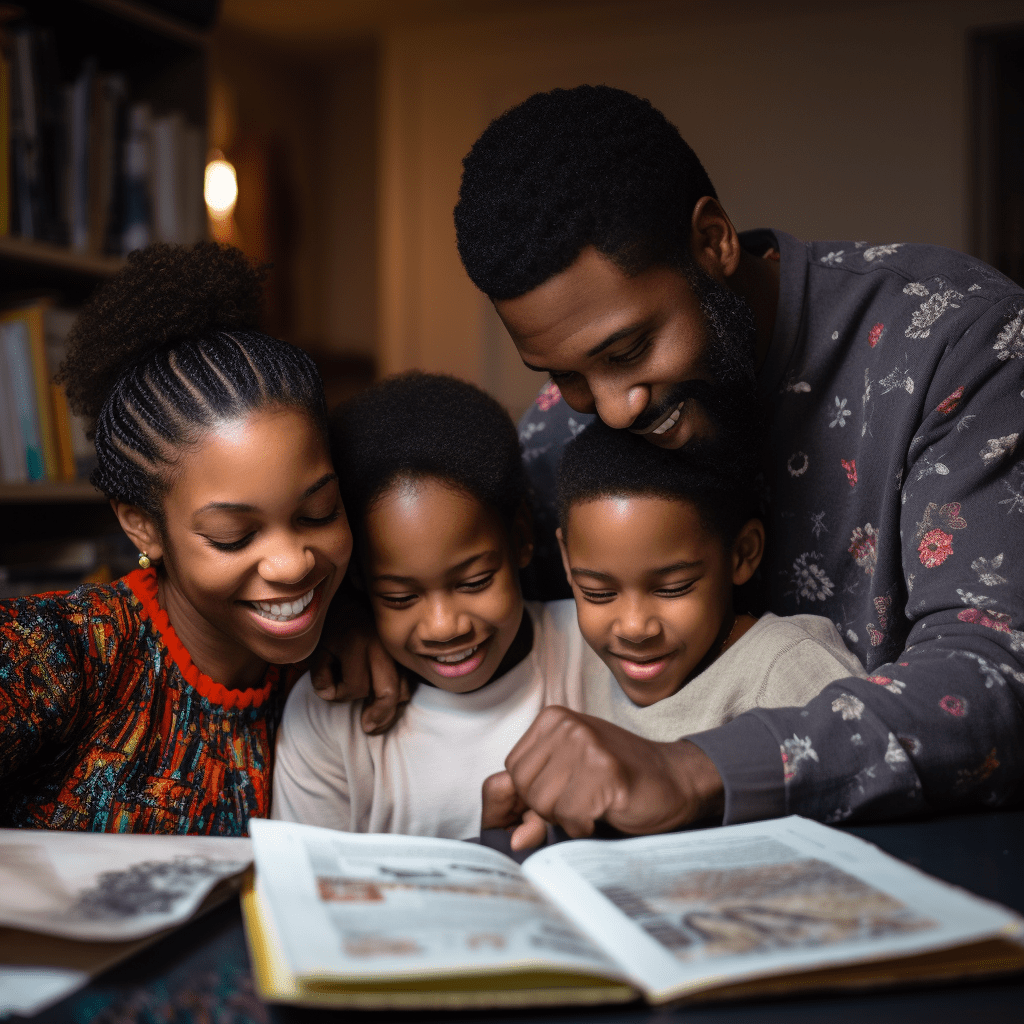 A father sitting with his children at a desk, happily reading books together