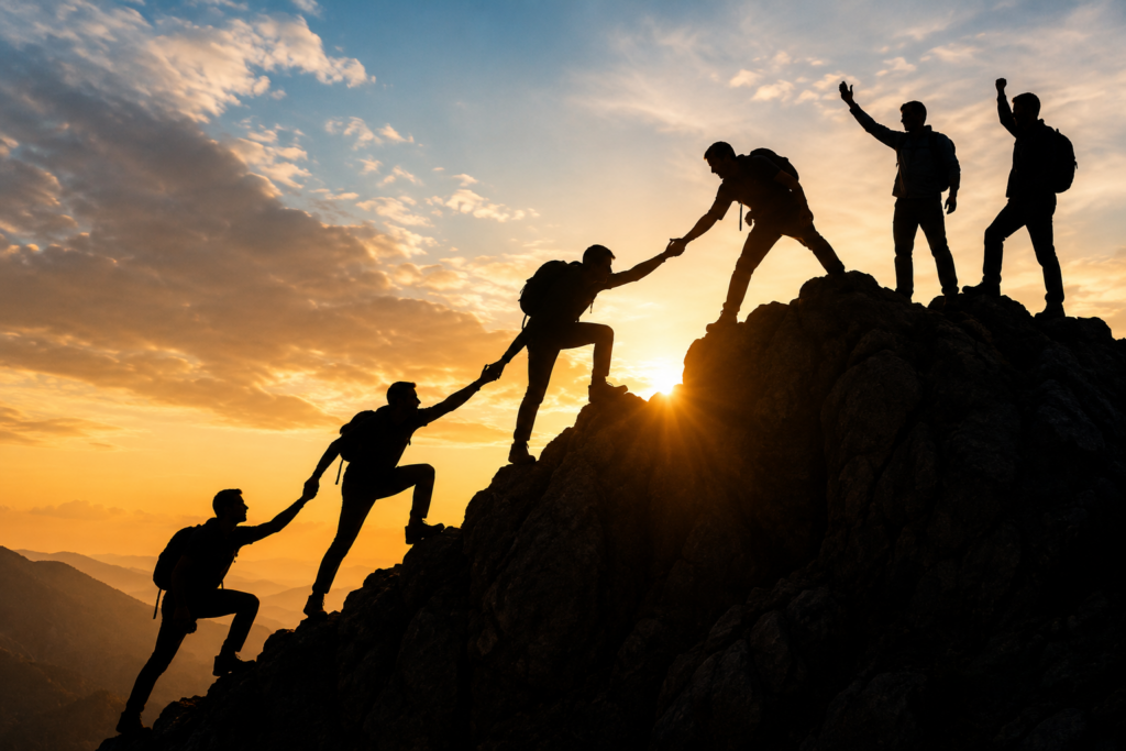 Silhouettes of men climbing a steep mountain at sunrise, reaching back to help others ascend. The image symbolises restoration, mentorship, brotherhood, resilience, and personal growth.