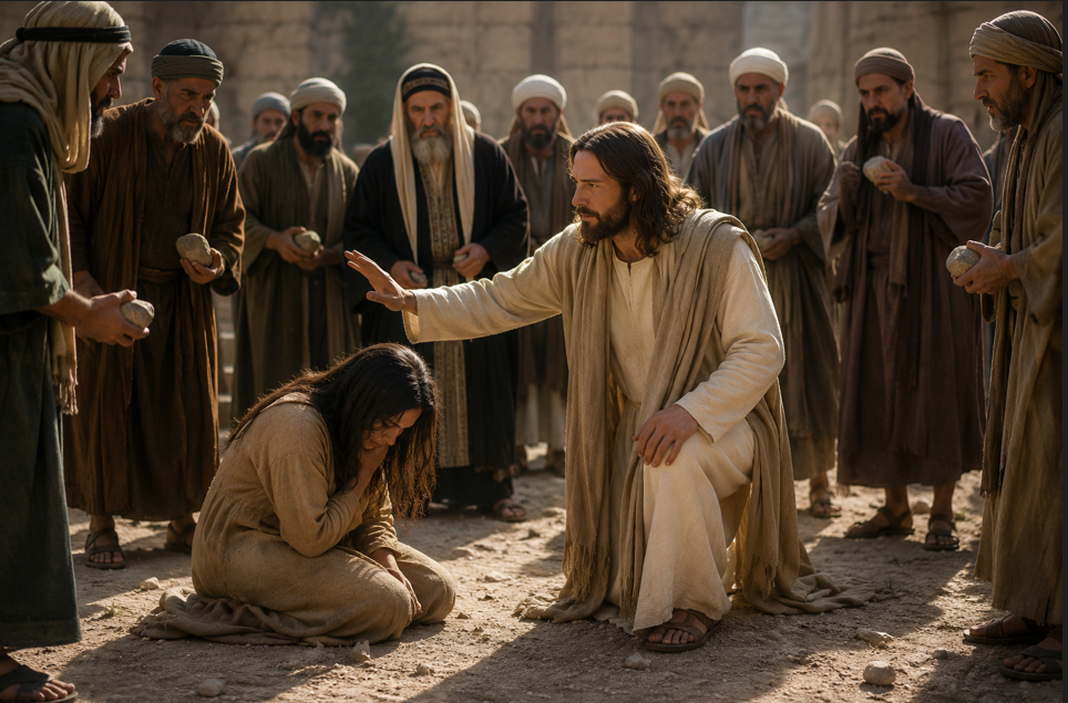 Jesus kneels beside a vulnerable woman while a crowd holding stones stands around them, illustrating courage, compassion, and the choice between judgment and mercy.