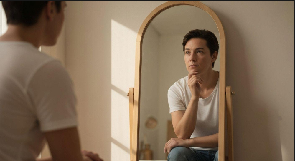 **Alt Text** A thoughtful person looks at their reflection in a mirror, inviting quiet self-reflection and personal growth. The image symbolises examining one's own character before judging others, echoing the question: "What kind of friend am I?"